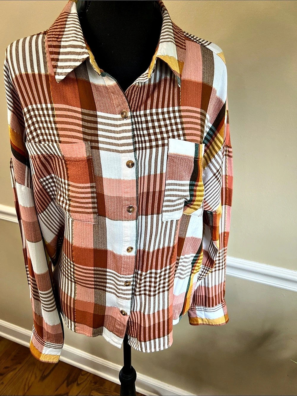 Cato EST. 1946 Plaid Button Down in Pink & Brown Large Like New
